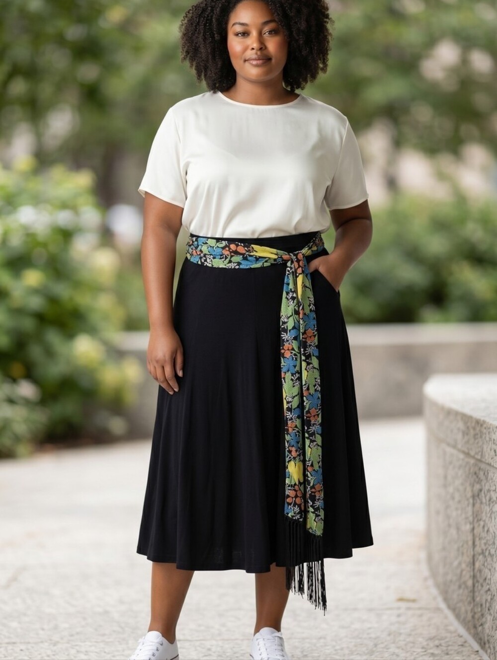 NWT Multiples Black Midi Skirt Floral/Fringed Sash Circular Pull-On Stretchy XL